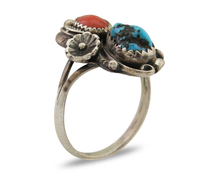 Navajo Ring 925 Silver Turquoise & Coral Artist Signed SC C.80's