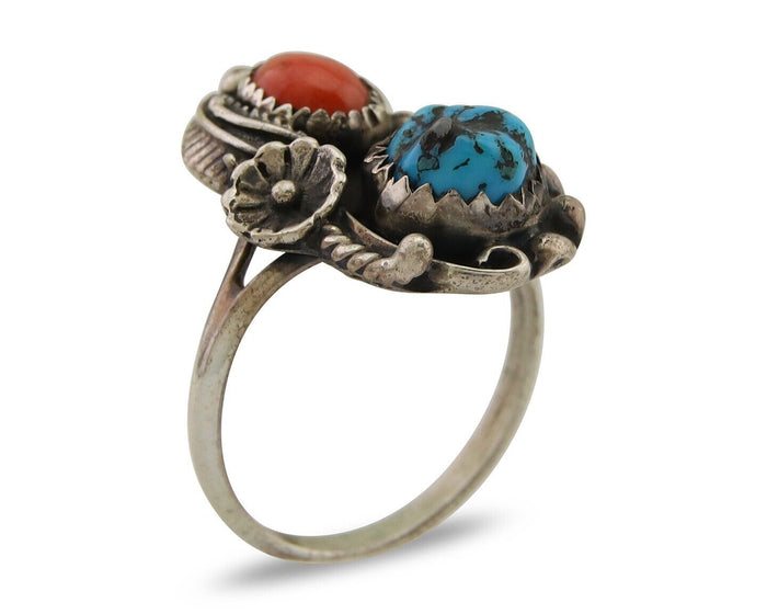 Navajo Ring 925 Silver Turquoise & Coral Artist Signed SC C.80's