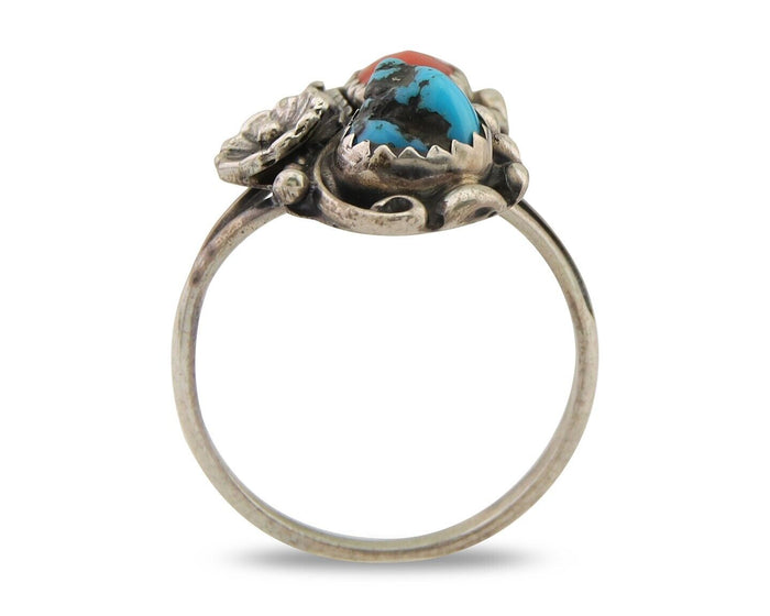 Navajo Ring 925 Silver Turquoise & Coral Artist Signed SC C.80's