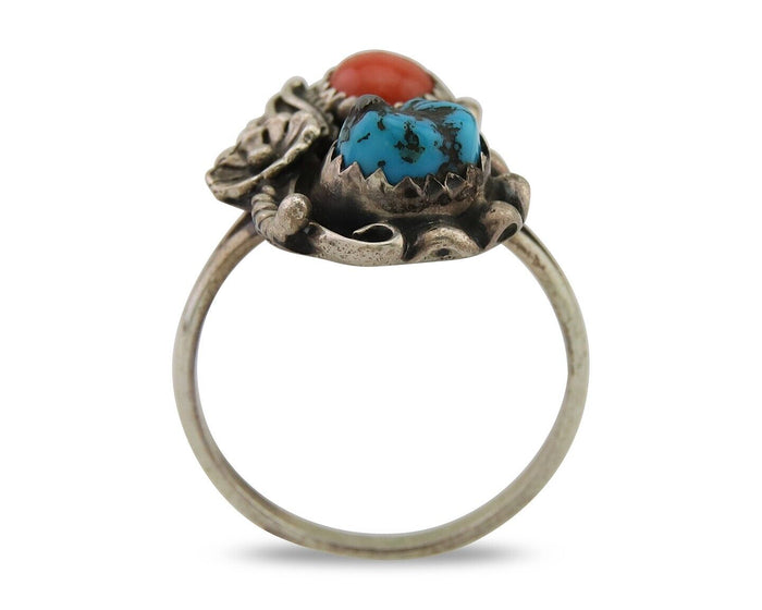 Navajo Ring 925 Silver Turquoise & Coral Artist Signed SC C.80's