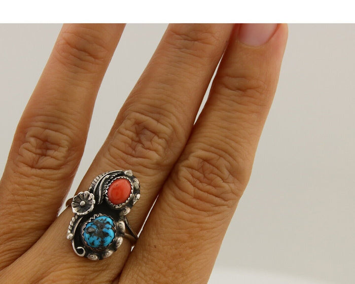 Navajo Ring 925 Silver Turquoise & Coral Artist Signed SC C.80's