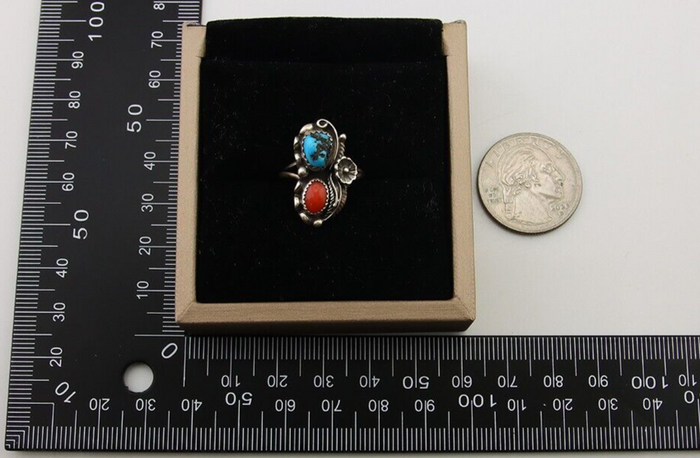 Navajo Ring 925 Silver Turquoise & Coral Artist Signed SC C.80's
