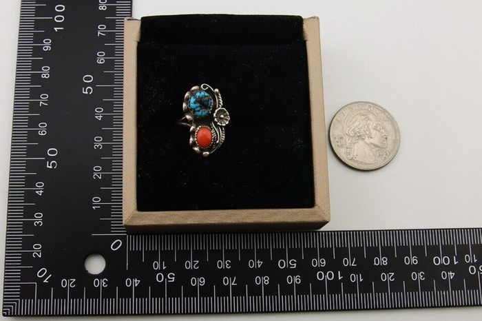 Navajo Ring 925 Silver Turquoise & Coral Artist Signed SC C.80's