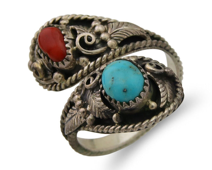 Navajo Ring 925 Silver Turquoise & Coral Artist Signed WB C.80's