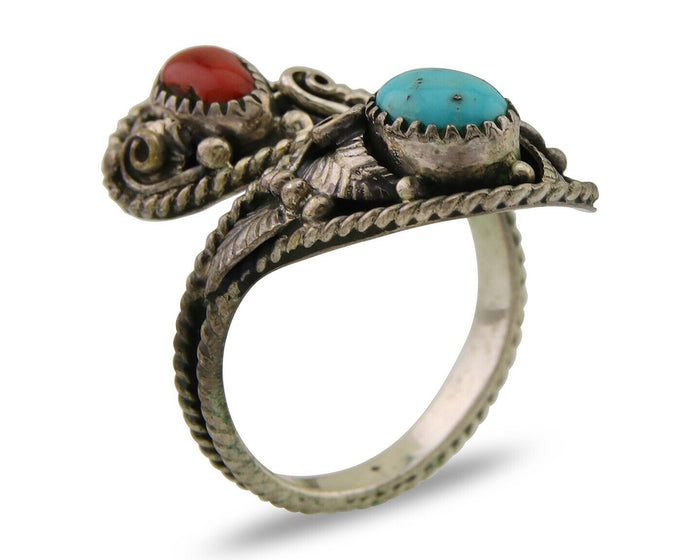 Navajo Ring 925 Silver Turquoise & Coral Artist Signed WB C.80's
