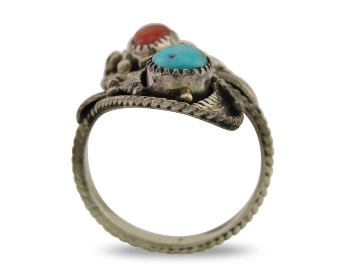 Navajo Ring 925 Silver Turquoise & Coral Artist Signed WB C.80's