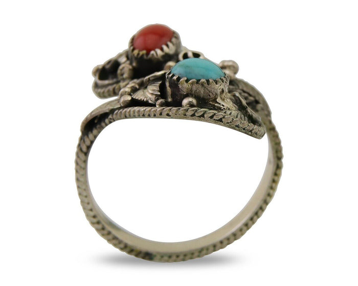 Navajo Ring 925 Silver Turquoise & Coral Artist Signed WB C.80's