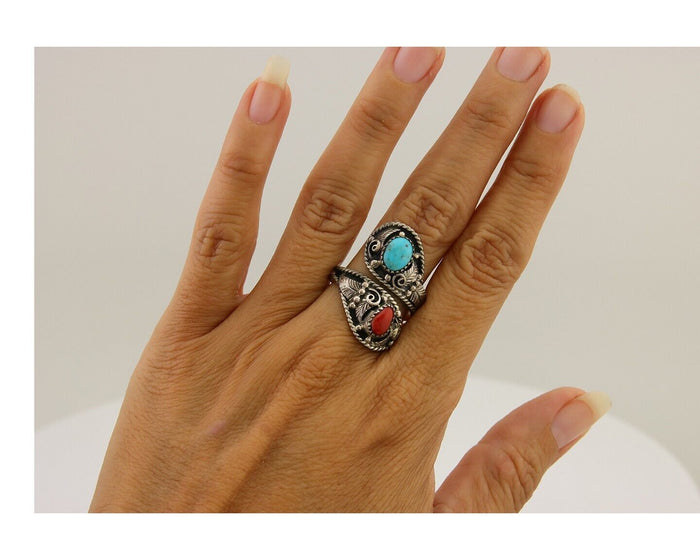 Navajo Ring 925 Silver Turquoise & Coral Artist Signed WB C.80's