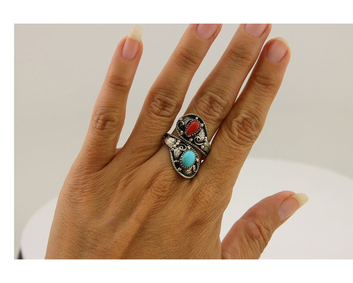 Navajo Ring 925 Silver Turquoise & Coral Artist Signed WB C.80's