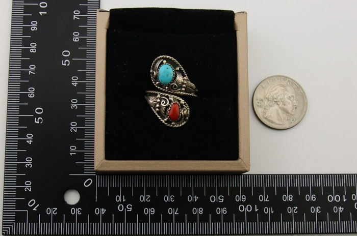 Navajo Ring 925 Silver Turquoise & Coral Artist Signed WB C.80's