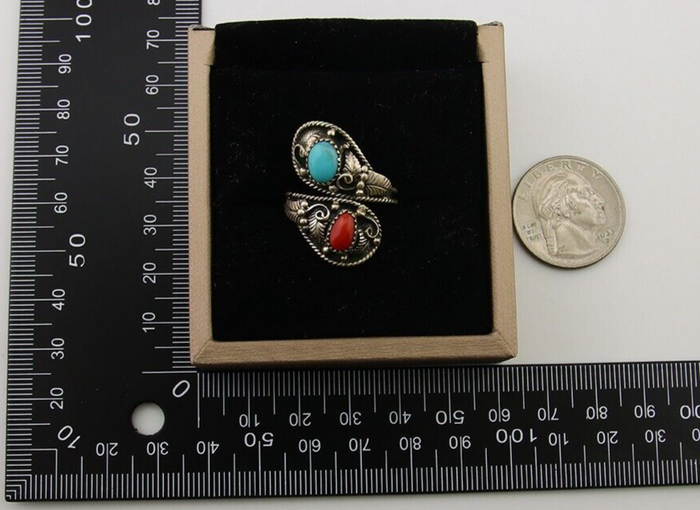 Navajo Ring 925 Silver Turquoise & Coral Artist Signed WB C.80's