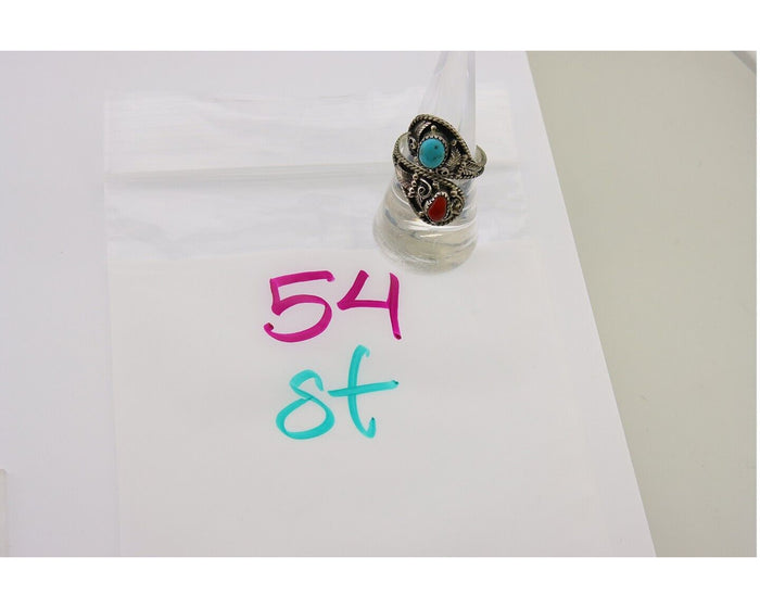 Navajo Ring 925 Silver Turquoise & Coral Artist Signed WB C.80's