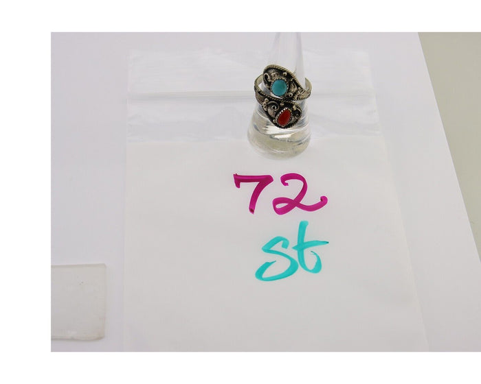 Navajo Ring 925 Silver Turquoise & Coral Artist Signed WB C.80's