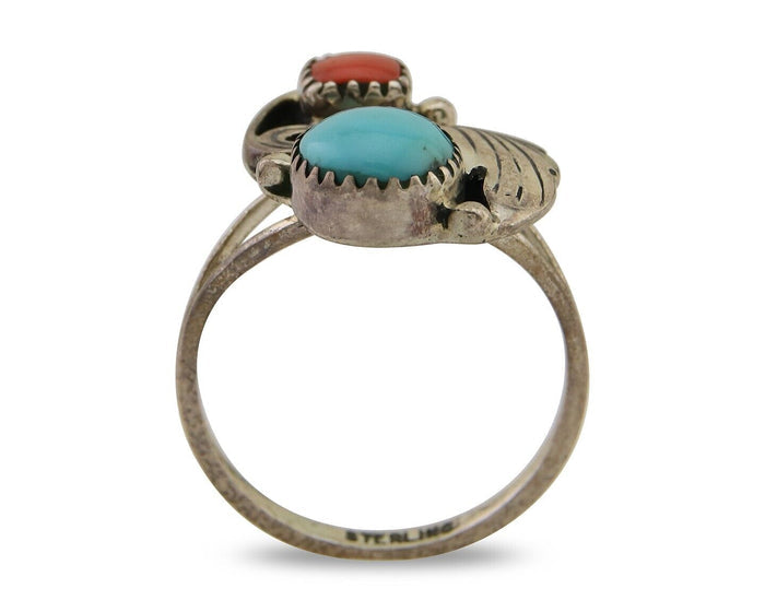 Navajo Ring 925 Silver Turquoise & Coral Artist Signed WR C.80's