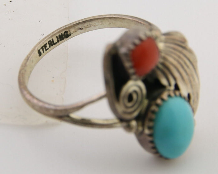 Navajo Ring 925 Silver Turquoise & Coral Artist Signed WR C.80's