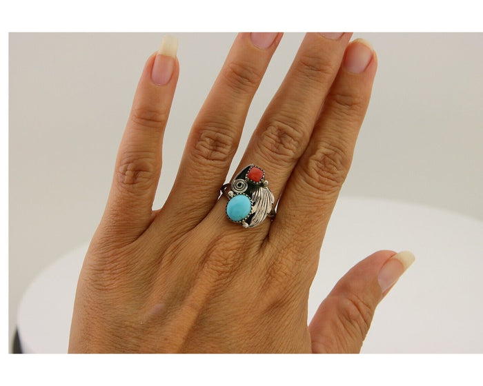 Navajo Ring 925 Silver Turquoise & Coral Artist Signed WR C.80's