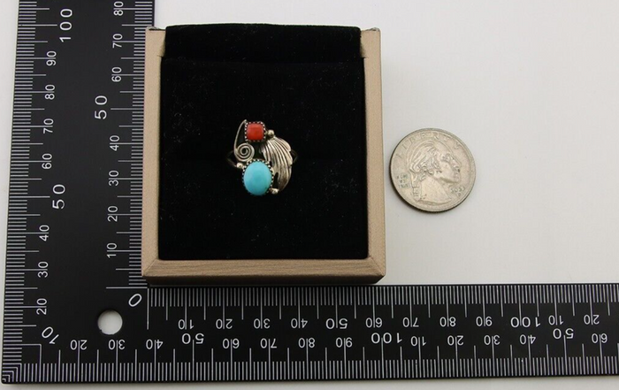 Navajo Ring 925 Silver Turquoise & Coral Artist Signed WR C.80's