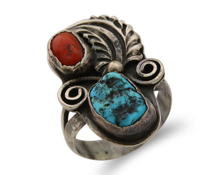 Navajo Ring 925 Silver Turquoise & Coral Native American Artist C.80's