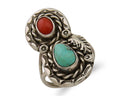 Navajo Ring 925 Silver Turquoise & Coral Native American Artist C.80's