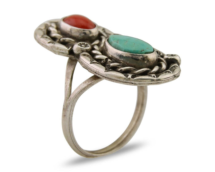 Navajo Ring 925 Silver Turquoise & Coral Native American Artist C.80's