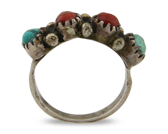 Navajo Ring 925 Silver Turquoise & Coral Native American Artist C.80's