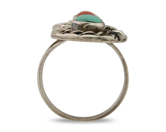 Navajo Ring 925 Silver Turquoise & Coral Native American Artist C.80's