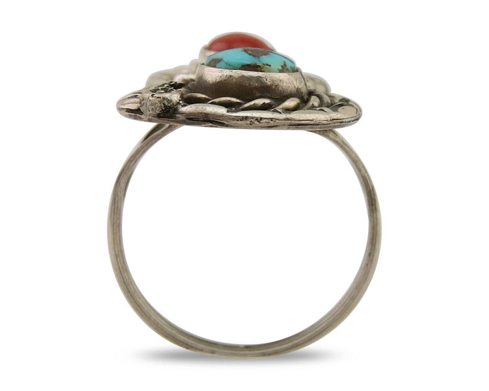 Navajo Ring 925 Silver Turquoise & Coral Native American Artist C.80's