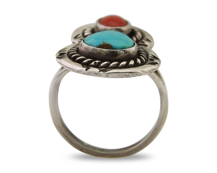 Navajo Ring 925 Silver Turquoise & Coral Native American Artist C.80's