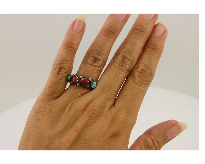 Navajo Ring 925 Silver Turquoise & Coral Native American Artist C.80's