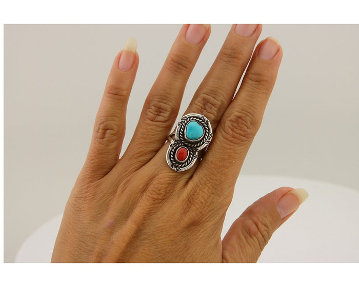 Navajo Ring 925 Silver Turquoise & Coral Native American Artist C.80's