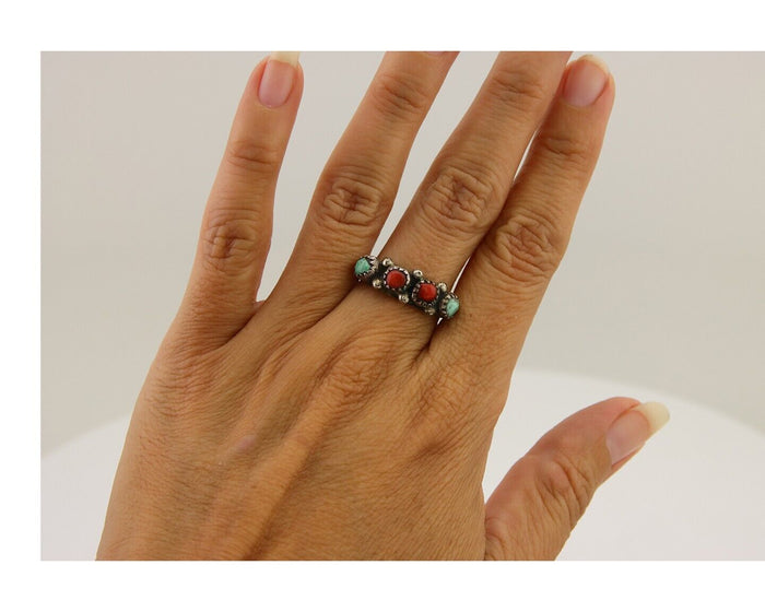 Navajo Ring 925 Silver Turquoise & Coral Native American Artist C.80's