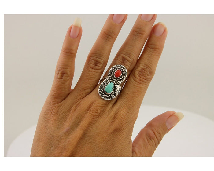 Navajo Ring 925 Silver Turquoise & Coral Native American Artist C.80's