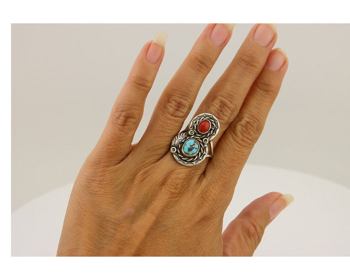 Navajo Ring 925 Silver Turquoise & Coral Native American Artist C.80's