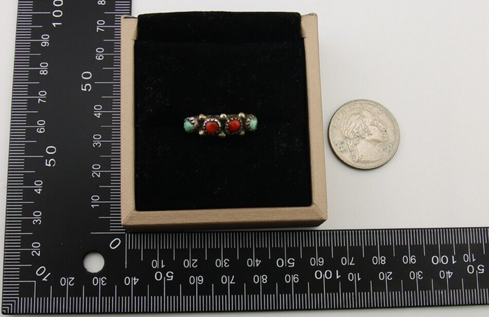 Navajo Ring 925 Silver Turquoise & Coral Native American Artist C.80's