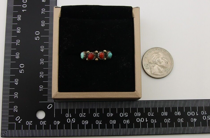 Navajo Ring 925 Silver Turquoise & Coral Native American Artist C.80's