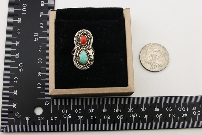 Navajo Ring 925 Silver Turquoise & Coral Native American Artist C.80's