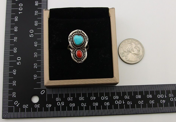 Navajo Ring 925 Silver Turquoise & Coral Native American Artist C.80's
