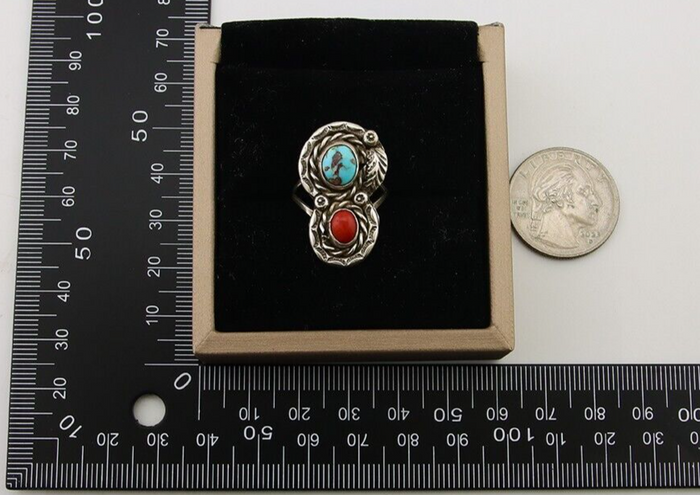 Navajo Ring 925 Silver Turquoise & Coral Native American Artist C.80's