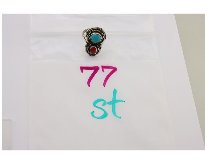 Navajo Ring 925 Silver Turquoise & Coral Native American Artist C.80's
