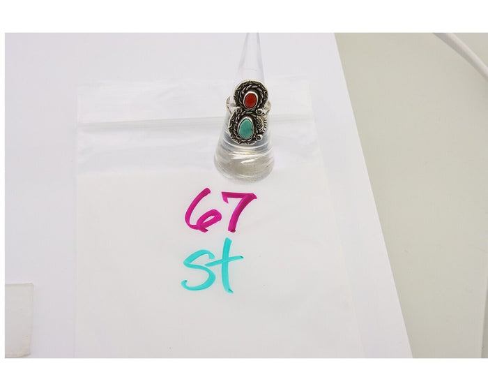 Navajo Ring 925 Silver Turquoise & Coral Native American Artist C.80's
