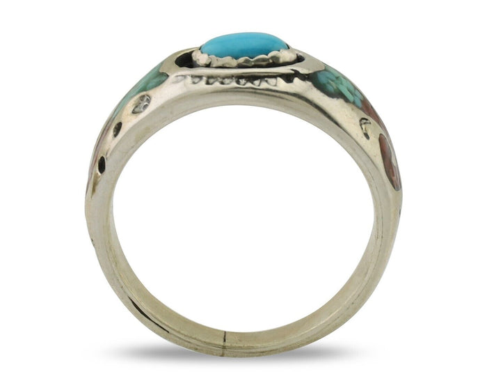 Navajo Ring 925 Silver Turquoise & Coral Natural American Artist C.80's
