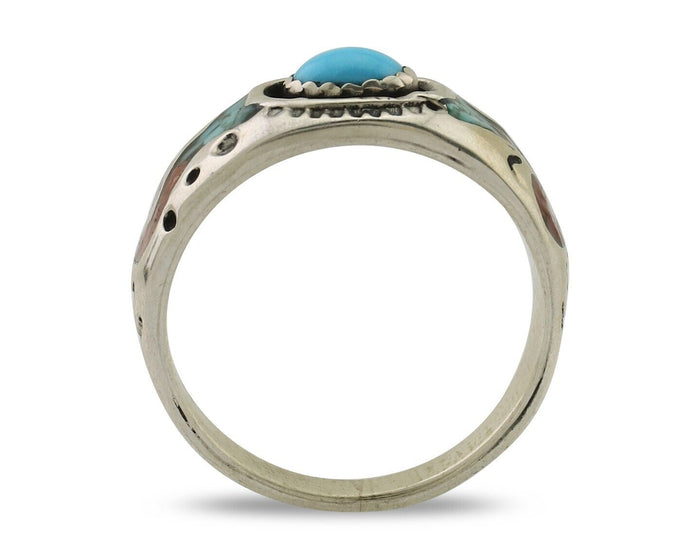Navajo Ring 925 Silver Turquoise & Coral Natural American Artist C.80's