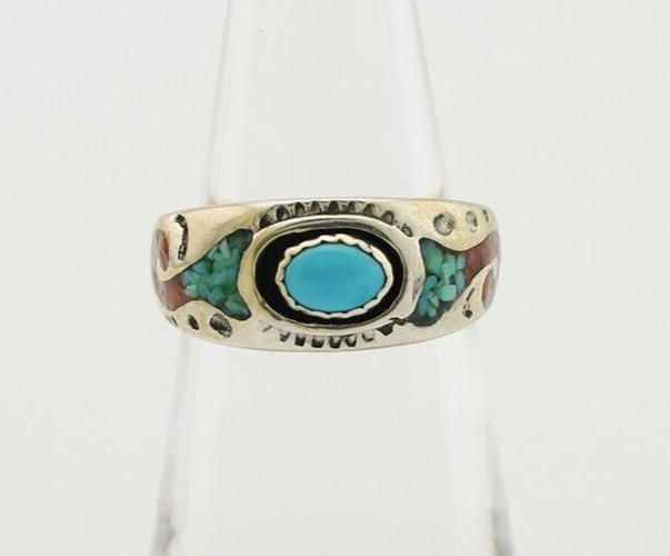 Navajo Ring 925 Silver Turquoise & Coral Natural American Artist C.80's