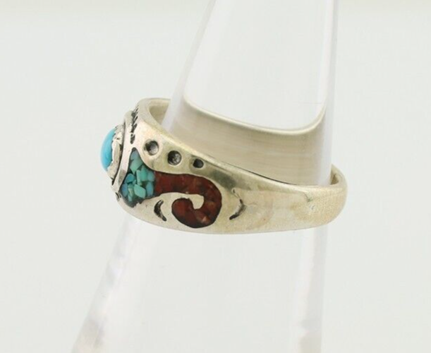 Navajo Ring 925 Silver Turquoise & Coral Natural American Artist C.80's