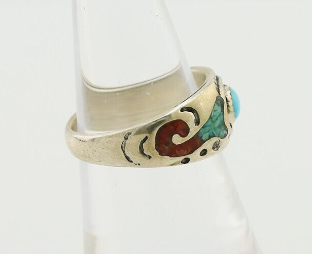 Navajo Ring 925 Silver Turquoise & Coral Natural American Artist C.80's