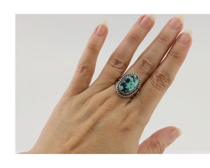Navajo Ring 925 Silver Turquoise Native American Artist Size 8.0 C.80's