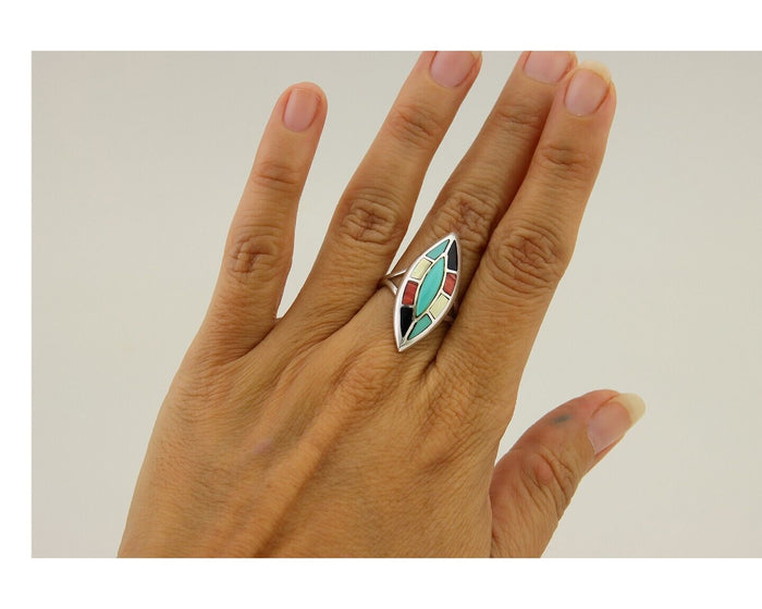 Navajo Ring 925 Silver Turquoise Shell Onyx Spiney Oyster Native Artist C80's