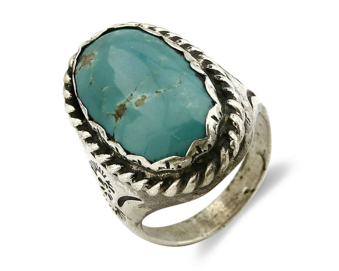 Navajo Ring .925 SOLID Silver Kingman Turquoise Signed Artist Ti Circa 1980's