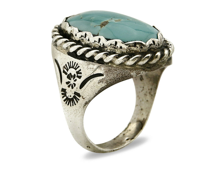 Navajo Ring .925 SOLID Silver Kingman Turquoise Signed Artist Ti Circa 1980's