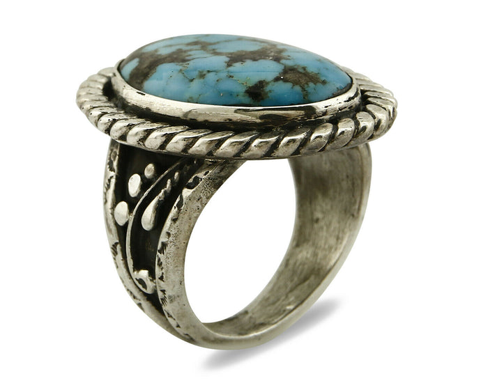 Navajo Ring .925 SOLID Silver Kingman Turquoise Signed Ralph Pemberton C.1975